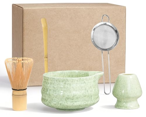 5 PCS Matcha Set Whisk and Bowl Kit, Matcha Tea Set Include Ceramic Bowl, Bamboo Spoon, Sifter, Bamboo Whisk and Holder, Matcha Making Kit for Traditional Japanese Tea Ceremony, Matcha Tea Set Gift