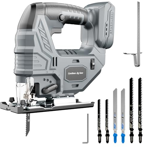 Cordless Jigsaw Compatible with DeWalt 20V Battery, Brushless Motor, 7-Speed Variable Control, 3200 RPM, 800W Power, 0–45° Bevel, LED Light, 6 Blades Included (Tool Only)