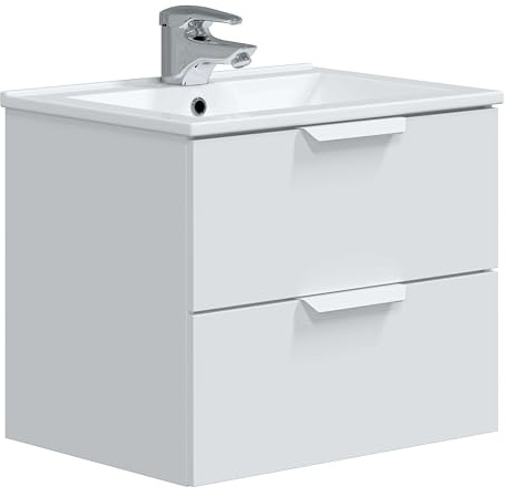 Miroytengo Mueble de Baño Suspendido Pequeño Estilo Contemporáneo Color Blanco Brillo 60 cm (con Lavabo Cerámico)