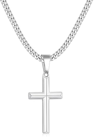 Fiusem Silver Tone Cross Necklace for Men, Beveled Edge Diamond Pandent Mens Necklace, 3.5MM Stainless Steel Cuban Chain, 22 Inches