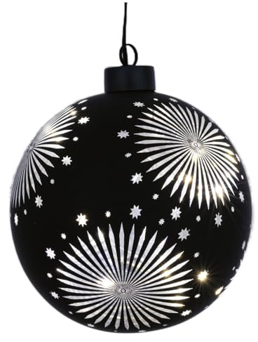 HGD - Sfera in vetro a LED con motivo a stelle, 13 cm, colore nero satinato, luce bianca calda, con timer, decorazione natalizia senza fili, per finestre, stanze o rami