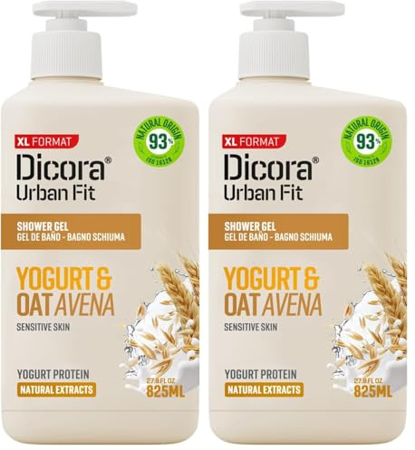 Dicora Urban Fit | Gel de Ducha Cremoso Proteins Yogur & Avena | Gel de Baño Hidratación Suave para Pieles Sensibles | Tamaño 825 ml (Paquete de 2)