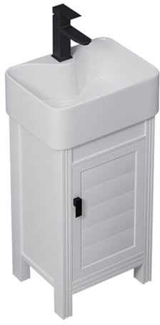 Kleines Badezimmer-Waschtisch mit 1 Tür, Metallschrank, Keramik-Waschbecken, Kombi, Bodenstehend, Standwaschbecken, inklusive Wasserhahn und Ablauf-Set, platzsparendes Design