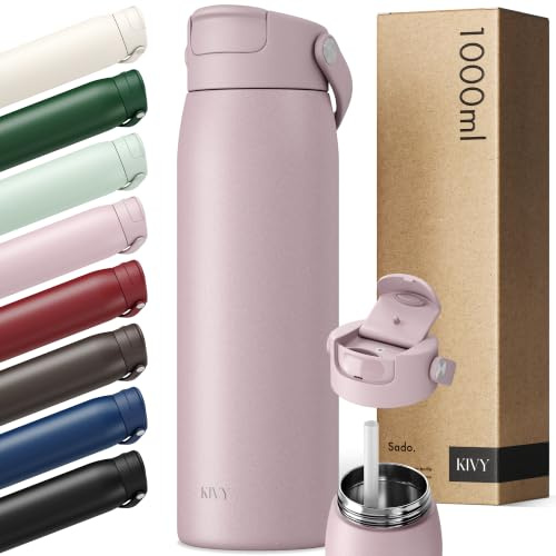 KIVY Borraccia in acciaio inox da 1 l con cannuccia, thermos da 1 litro, lavabile in lavastoviglie, borraccia termica per palestra e fitness, borraccia termica in acciaio inox isolata