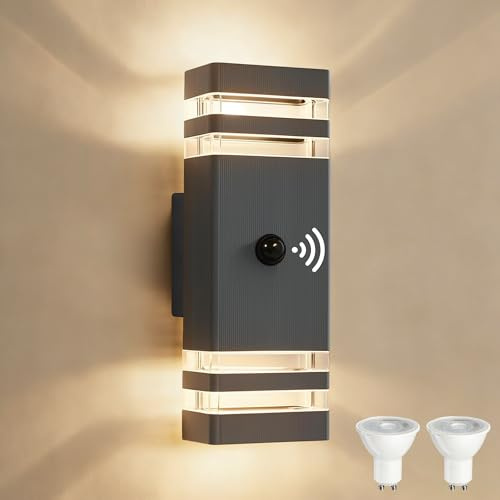 YOVGQOLV PIR Außenlampe mit Bewegungsmelder Up and Down GU10 230V | IP54 Wasserdichte Wandleuchte Aussen mit 2×5W GU10 Glühbirne(3000 K),LED Aluminium Aussenleuchten Hauswand,Anthrazit 1 Stück