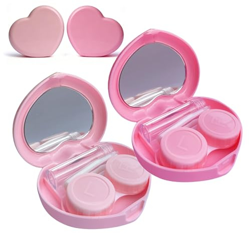 Howinn Contact Lens Case, Travel Size Cute Colored Contact Lenses Applicator Remover Tool Kit with Mirror Solution Bottle for Daily Outdoor Heart Rose Red Pink (2 Pack)