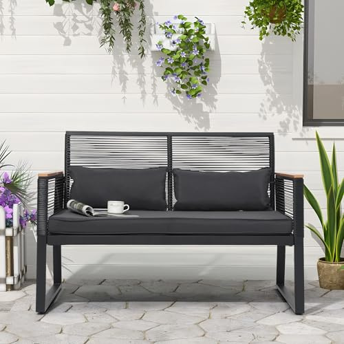 OC Orange-Casual 2er Gartenloveseat Rattan Gartenbank mit Sitzkissen&Rückkissen, Terrasse Sitzbank bis zu 160 kg, Balkonbank für Balkon, Garten, Terrasse, Hinterhof, Schwarz