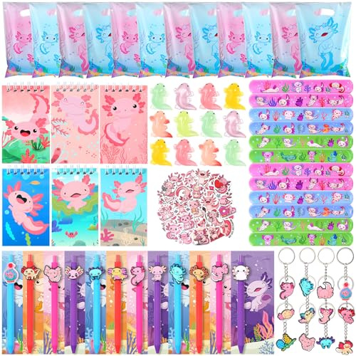 gisgfim 134 piezas de recuerdos de fiesta con temática de ajolote, decoración de fiesta de cumpleaños, juguetes luminosos y pequeños, cuadernos en espiral, bolígrafos, bolsas de regalo, suministros