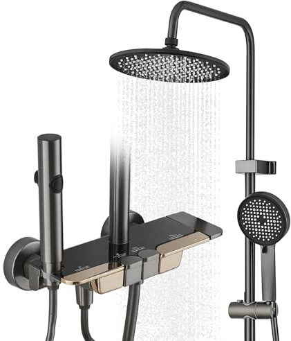 Grey Shower Mixer Set with Upgraded Piano Key Controls, Round Rainfall Overhead, 3-Spray Handheld, Pull-Out Spray Gun & Tap, Perfect for UK Bathrooms