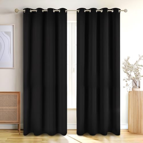 Blumtal Verdunklungsvorhänge 2er Set - Thermovorhang Hitzeschutz - Vorhang Blickdicht mit Ösen - Gardinenschals mit Schlaufen - Gardinen 175x140 cm - Thermogardine wärmeisolierend - Vorhang Schwarz