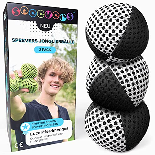 speevers XBalls Balle de jonglages pour débutants et Professionnels Lot de 3-15 Couleurs Disponibles - Set de jonglage pour Enfants et Adultes - poufs avec Sac de Transport (Noir Blanc, 120g)