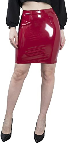 NewL Sexiga kvinnor glänsande wetlook PU-läder kjol damer bodycon hög midja smal höft penna miniskirts rave party pole dans klubbkläder, Red, S