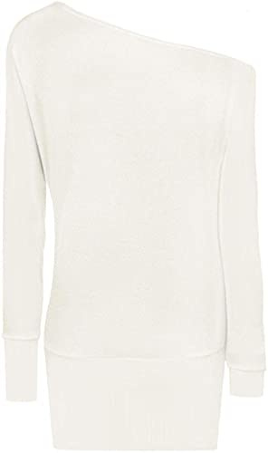 Fashion Mark Womens One Off Shoulder Long Sleeve Baggy Batwing Top Ladies Plain Soft Touch Casual Wear Shirt Jumper Dress Size UK 8-26 Cream