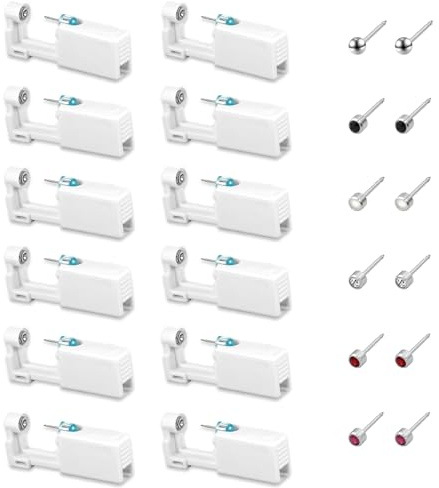 XIAQICA 12 Pezzi Pistola Piercing Orecchio con Compresse di Pulizia e Orecchini Incorporati, Facile da Usare e Sicura per Ragazze, Donne e Uomini