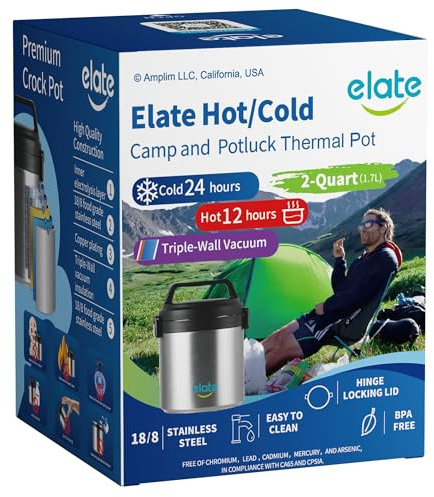 Elate 2-Quart/64oz Camp Crock Thermos for Hot/Cold Food, Wide-Mouth Thermal Container, Stainless Steel Vacuum-Insulated Jar, Portable Lunch Pot for Outdoor Adventure, Camping, Picnics, Trips, Potlucks