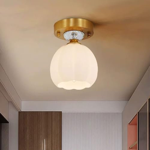 RXPVUXE Brass Semi Flush Mount Ceiling Light With Tulip Glass Shade, 5.5 Inch Milk White Flower Glass Light Fixtures Ceiling Mount, Modern Nordic Crystal Ceiling Lamp For Bedroom, Kitchen, Foyer