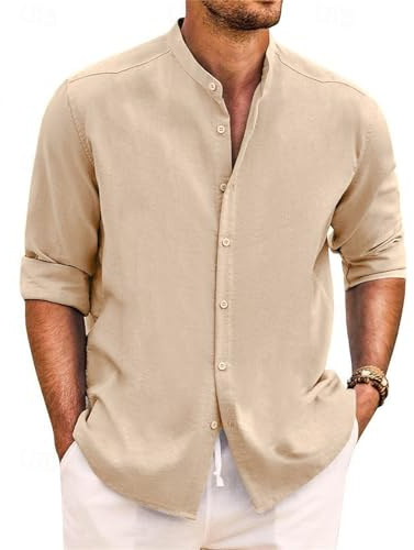 Yageshark skjorta herr linneskjorta långärmad sommarskjorta button down ståkrage skjortor fritidsskjorta casual normal passform strandskjorta linne skjorta, kaki, M