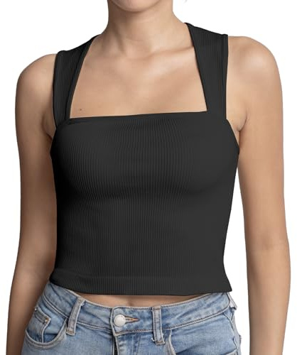 Nabawa Women's Square Neck Going Out Crop Top Workout Fitness Tank Top Casual Cute Crop Cami,Black M