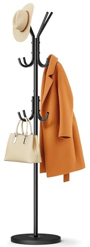 MISSLO Heavy Duty Coat Rack Freestanding with Stable Wood Base Metal Coat Tree with 12 Hooks Coats Hanger Stand Adjustable Clothes Tree for Jackets, Hats, Bags Standing Purse Rack for Bedroom, Office