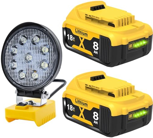 2 Stück 8000mAh DCB182 Ersatzakku für Dewalt 18V Akku, Ersatz für Dewalt Batteries DCB200 DCB184 DCB101 DCB107 DCB112 DCB105 DCB115 DCB203（1× LED-Arbeitsleuchte ）