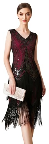 Ever-Pretty Robe Vintage Flapper 1920 Costume Gatsby pour Femme À Paillettes et Franges Robe pour Bal Cocktail Rouge Vin Noir S