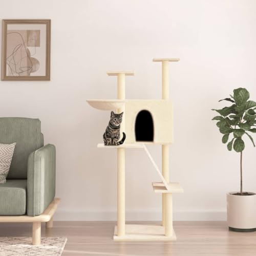 Tiragraffi con colonna in sisal color crema, 143 cm, torre per gatti con cestino, scaletta piattaforme a 4 livelli, morbido peluche istinto graffio arrampicata relax
