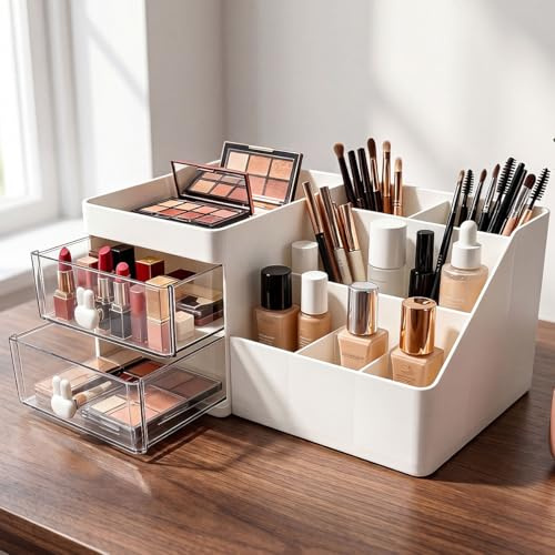 HUASD Organizador de Maquillaje con Cajones y 8 Compartimentos, Blanco, 28,5 cm, Organizador de Cosméticos con Asa en Forma de Conejito, Caja de Maquillaje de Plástico para Pintalabios, Pinceles