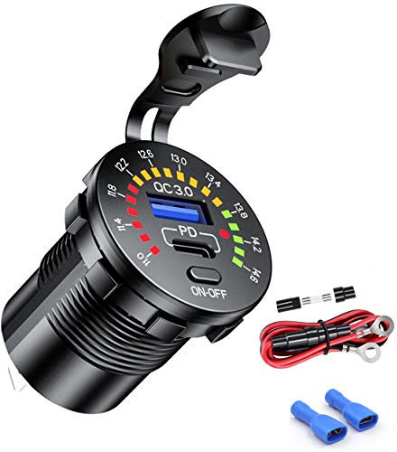 iMESTOU USB C Caricabatteria da Auto 12V Dual USB QC3.0 Caricabatteria da Auto Presa di Ricarica Rapida Doppia Presa di Corrente con Voltmetro e Interruttore per 12V/24V Moto, Marine, UTV...