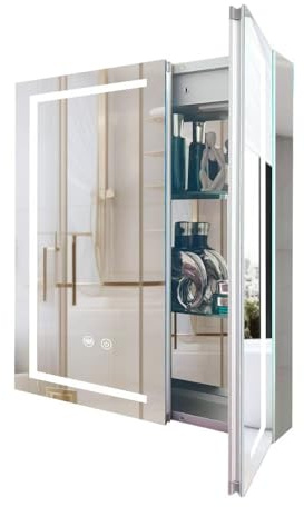 Janboe LED-Medizinschrank, Badezimmer-Spiegelschrank mit Lichtern, 61x71 cm, ausgestattet mit Innenlicht, Aluminiumkonstruktion, USB-Rasierbuchse, Demister, Aufputzmontage und Nischenmontage
