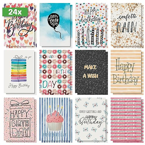 Sigel Geburtstags Postkarten Set Colourful Birthday Fun A6 | DS703, 24 Karten mit 12 unterschiedlichen Geburtstagsmotiven