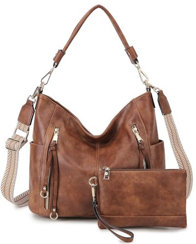 Chase Chic Handtasche Damen, Leder umhängetasche Shopper Hobo Taschen Geldbörse set Gross Schultertasche mit Abnehmbar Schulterriemen 2pcs Braun
