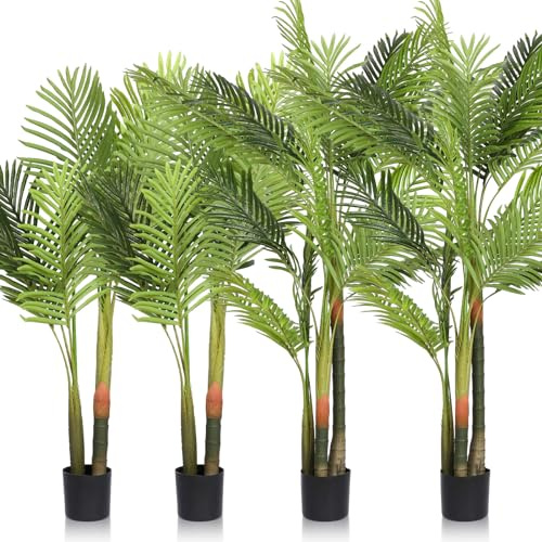Lyrow Artificial Areca Palm Plants Tall Fake Palm Trees in Pot Large Faux Tropical Palm Plants for Indoor Outdoor Home Garden Office Living Room Decor (4 Pcs,4 ft, 5 ft)