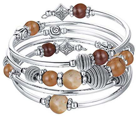 FULU AUTUMN Bracciale in Argento Multistrato da Donna Bracciale Avvolgente Boho Gioielli da Polso per Donna Regalo di Compleanno San Valentino(Brown)