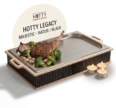 INEXTERIOR – Hotty Legacy Warmhalteplatte zum Grillen – BBQ Warmhaltebehälter für Speisen – Grillgut Stövchen – Speisenwärmer mit Teelicht – BBQ-Board für Grillpartys (All Black, XL)