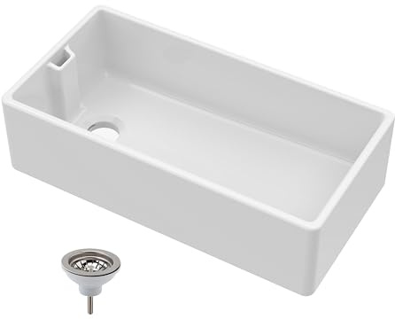 Balterley 895mm Belfast Kitchen Sink Single Bowl with Waste & Built-in Weir Overflow, Durable Belfast Fireclay White Ceramic Kitchen Sink Bowl, Reversible Farmhouse Sinks - 895 x 455 x 245mm (White)