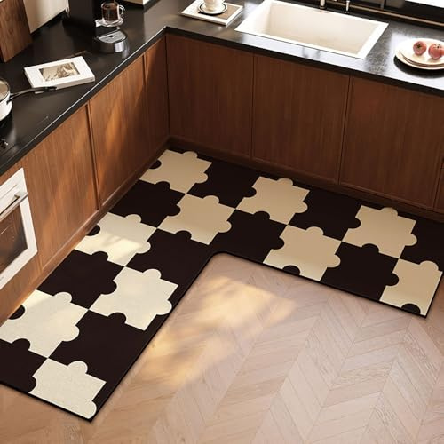 Hixingo Küche Teppich rutschfest, L Form Abwaschbar Kieselgur Küchenläufer, Moderner Stil Schnelltrocknend Küchenteppich Absorbierend Teppich Läufer Küchenmatte (Kaffee,120x120x45cm)