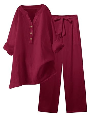 Conjunto Elegante de Lino para Mujer de Verano Coordinado Camisa Larga + Pantalones Ligeros de Algodón y Lino Conjunto Deportivo de Primavera Curvy de Dos Piezas Mangas 3/4 Jogging Traspirante