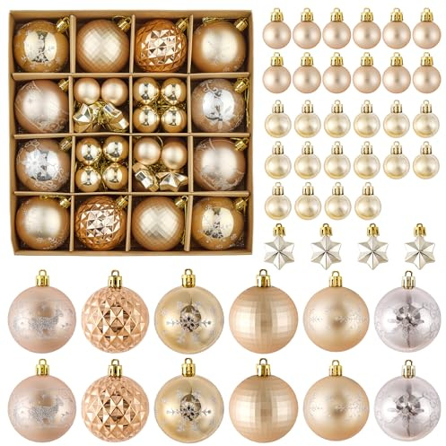 Lot de 44 boules de Noël en plastique - Décoration de Noël - Pour intérieur et extérieur - Avec suspension - Pour sapin de Noël, festival, mariage, fête - Doré