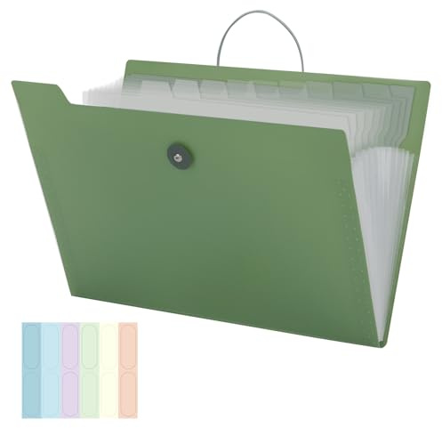 JEFURE Fächermappe A4 mit 12 Fächern, Erweiterbar Ordnungsmappe A4, Dokumentenmappe mit Farbe Etikettes, Tragbar Mappen Ordnersystem, Document Organizer für Büro, Zuhause und Schule (Grün)