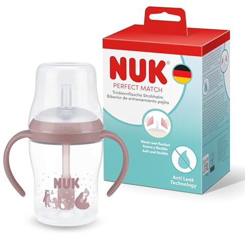 NUK Perfect Match Tasse d’apprentissage avec paille pour bébé | 8+ mois | 150 ml | Tasse avec paille anti-fuite pour bébé | Poignées antidérapantes | Rose | Lot de 1