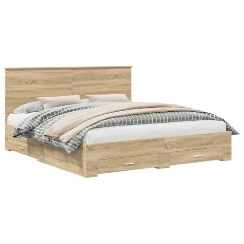 vidaXL Bettrahmen mit Kopfteil Sonoma-Eiche 200 x 200 cm Holzwerkstoff, Stylisches Bettgestell mit Stauraum, modernes Schlafzimmermöbel, langlebig, rechteckig, einfach aufzubauen