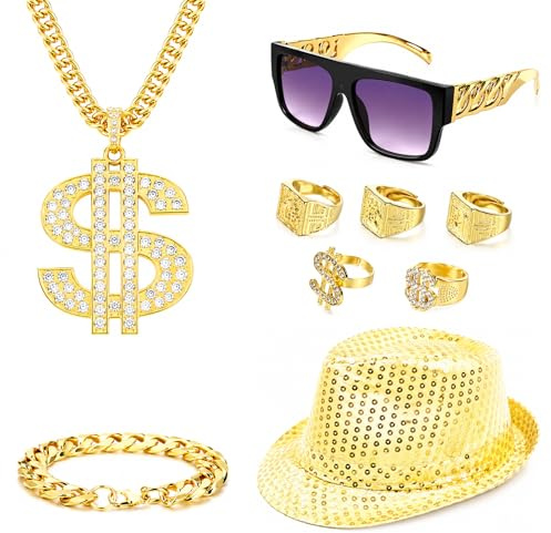 Zuhälter Kostüm Set, Gangster Gang Outfit, Goldkette Herren Accessoires | 80/90er Jahre Hip Hop Kostüm, Dollar Kette, Goldener Hut, Goldener Ring für Halloween, Karneval und Kostümpartys
