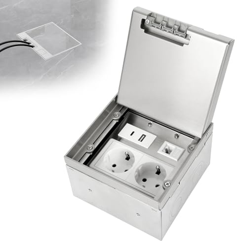 Btstil Bodentank Bodensteckdose, Edelstahl-Einbausteckdose Wasserdichte Bodeneinbaudose mit 2AC+1USB A+C+1RJ45, Versenkte Steckdose für Boden (Edelstahl)