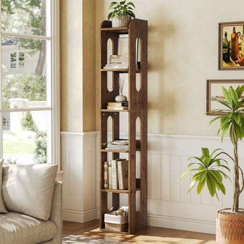 TRIBEWOOD Bücherregal aus Massivholz, Regal Schmal mit 6 Fächern, 180 cm Standregal mit offenen Fächern, Industriedesign, Büroregal Holzregal für Wohnzimmer, Home-Office, Schlafzimmer