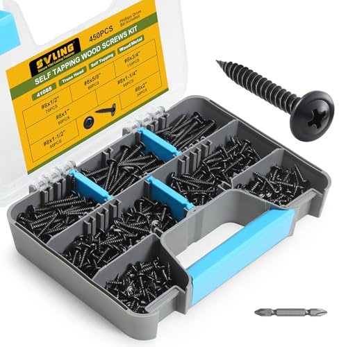 SVLING Black Wood Screws Phillips Modified Truss Head Assortment Kit 450PCS, Stainless Steel 410 Quick Self Tapping Screws for Wood Metal, #8 x 1/2,5/8,3/4,1,1-1/4,1-1/2,2