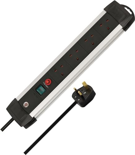 Brennenstuhl Premium-Alu-Line 4-way Extension Lead (Power Strip with Safety Fuse Button, 5m cable, Made in Germany) black/silver
