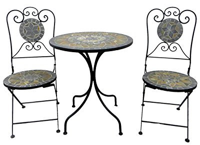 Dekoratives Mosaik Set 3-teilig Sitzgarnitur Mosaiktisch + 2 Mosaikstühle Sitzgruppe Gartentisch Gartenmöbel Bistrotisch