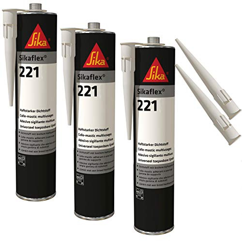 Sikaflex-221 witterungsbeständiger Haftstarker Dichtstoff, 300ml, WEISS, 3 Set mit 5 Düsenspitzen