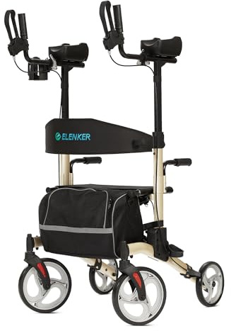ELENKER Upright Walker, Stand Up Folding Rollator Walker with 10” Front Wheels Backrest Seat and Padded Armrests(Champagne)