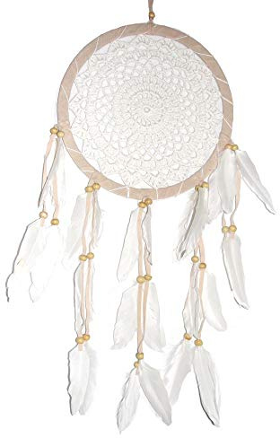 SAWA Traumfänger Mobile, Creme, 16 cm - Hängend, Rund, Lässig, Leder, Federn, Holz